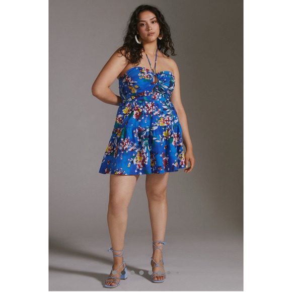 NEW Anthropologie Plus Size Emily Halter Mini Dress Blue Pockets Halter 3X $140 - Picture 2 of 16